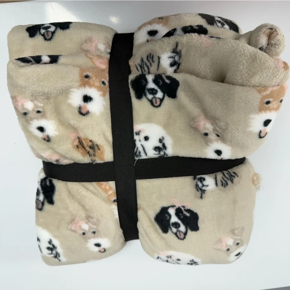 NWT Berkshire LusterSoft Throw Blanket Beige Dogs Print 50”x70” Dog Poodle Pup